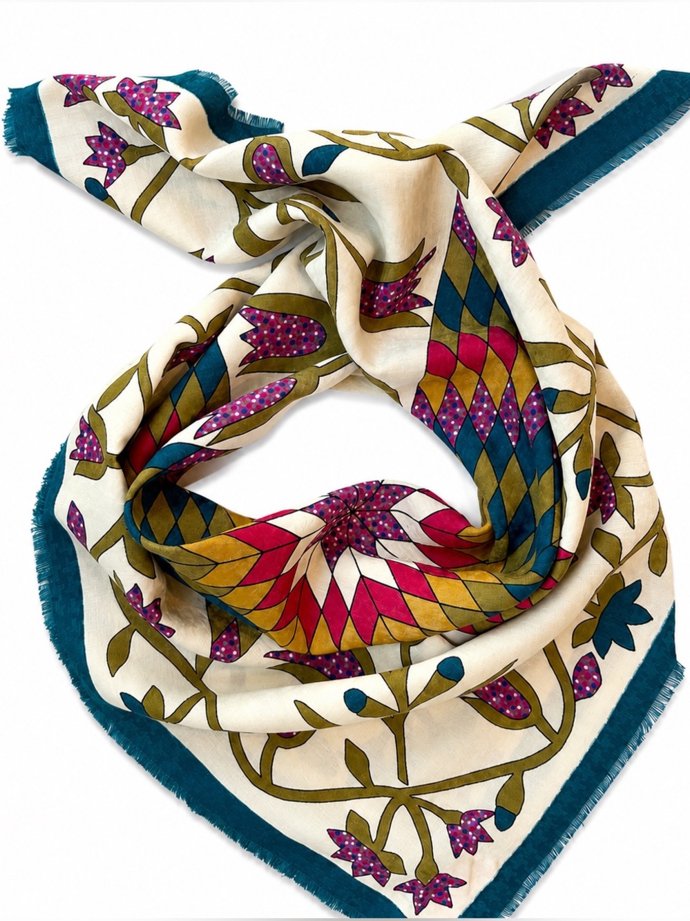 Geometric Floral Square Scarf 100% Polyester Made in Italy Vintage Cottagecore